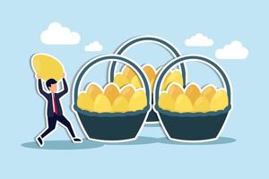 Diversification, investment portfolio strategy to reduce risk and maximize return, earning and profit, asset allocation concept, businessman holding golden eggs diversify by putting in many baskets. vector