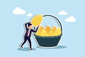 Diversification, investment portfolio strategy to reduce risk and maximize return, earning and profit, asset allocation concept, businessman holding golden eggs diversify by putting in many baskets vector
