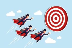 Team target, teamwork or professional aiming and reach business goal, work achievement, cooperation to success, leadership or challenge concept, business people superhero fly to reach target bullseye vector