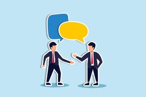 Discussion, conversation or brainstorming for idea, meeting, debate or team communication, colleague chatting, opinion concept, business team coworker discussing work in meeting with speech bubbles vector