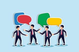 Discussion, conversation or brainstorming for idea, meeting, debate or team communication, colleague chatting, opinion concept, business team coworker discussing work in meeting with speech bubbles vector