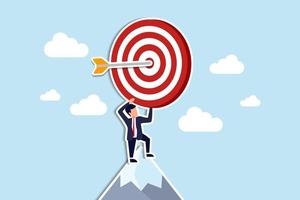 Business target, aiming high goal, objective or purpose, skill or aspiration to achieve target, precision or accuracy concept, success businessman holding big target with arrow hit bullseye center vector