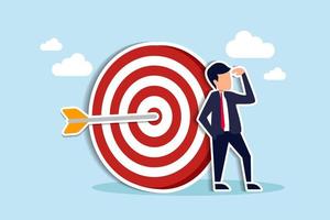 Business objective, purpose or target, goal and resolution to aim for success, aspiration and motivation to achieve goal concept, confident businessman stand with arrow hit bullseye on archery target vector