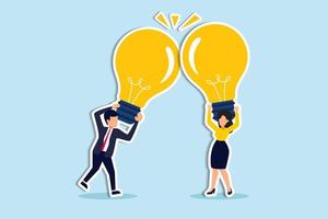 Combine idea, synergy or collaborate to get solution, brainstorm, teamwork or think together to develop great idea concept, businessman, businesswoman join or combine lightbulb idea for best result. vector