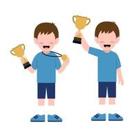 Set Of Little Boy Character Holding Trophy vector