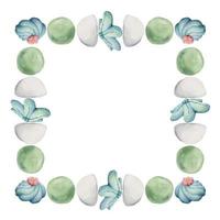 Watercolor hand drawn traditional Japanese sweets. Square frame of summer wagashi, morning glory. Isolated on white background. Design for invitations, restaurant menu, greeting cards, print, textile vector