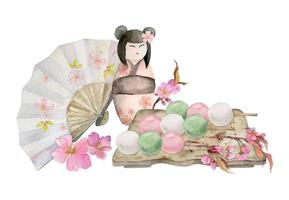 acuarela mano dibujado tradicional japonés dulces cerámico plato, primavera neri-kiri, mochi, objetos. aislado en blanco antecedentes. diseño para invitaciones, restaurante menú, saludo tarjetas, imprimir, textil vector