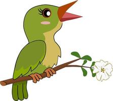 Cute Green parrot bird standing on branch. Flat cartoon character isolated on white. Vector illustration. Free vector.