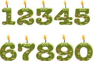 Green stone texture Birthday candles in the form of numbers. Template set of symbols for invitation to the anniversary. Vector flat design isolated on white background.