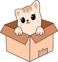 Cute little cat in a cardboard box. Little kitten in a box. Vector illustration.