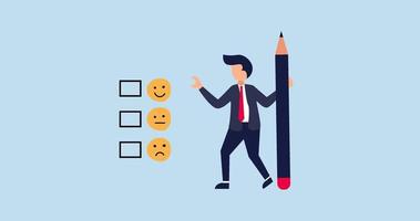4k Customer rating animation, man holding pencil thinking about experience and giving rating on questionnaire with happy, neutral and angry faces. video