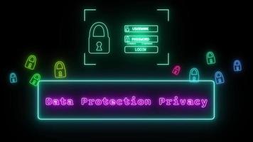 Data protection privacy Neon pink Fluorescent Text Animation blue frame on black background video
