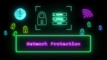 network protection Neon pink Fluorescent Text Animation green frame on black background video