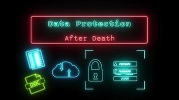Les données protection après décès néon vert rouge fluorescent texte animation rouge Cadre sur noir Contexte video