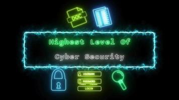 highest level of cyber security Neon green-white Fluorescent Text Animation blue frame on black background video