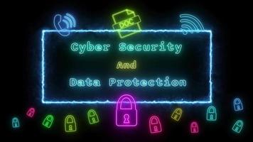 Cyber security and data protection Neon green-blue Fluorescent Text Animation blue frame on black background video