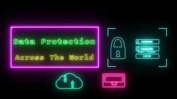 Les données protection à travers le monde néon vert jaune fluorescent texte animation rose Cadre sur noir Contexte video