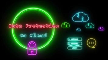 Les données protection sur nuage néon Rouge, Vert fluorescent texte animation vert Cadre sur noir Contexte video