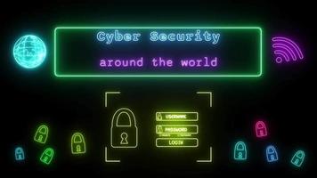 cyber security around the world Neon blue-pink Fluorescent Text Animation green frame on black background video