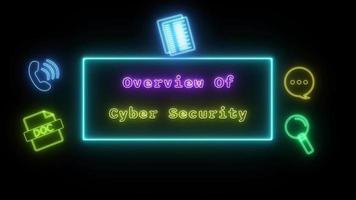 Översikt av cyber säkerhet neonrosa-gul fluorescerande text animering blå ram på svart bakgrund video