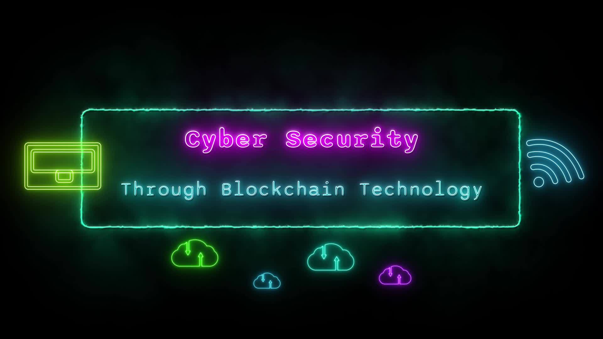 Cyber Security Through Blockchain Technology Neon Blue Pink Fluorescent Text Animation Green 