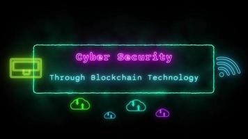 cyber säkerhet genom blockchain teknologi neon blå-rosa fluorescerande text animering grön ram på svart bakgrund video