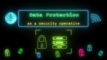 data protection as a security operative Neon green-yellow Fluorescent Text Animation blue frame on black background video