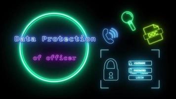 Les données protection de officier néon bleu-rose fluorescent texte animation vert Cadre sur noir Contexte video