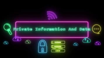 private information and data Neon green Fluorescent Text Animation blue frame on black background video