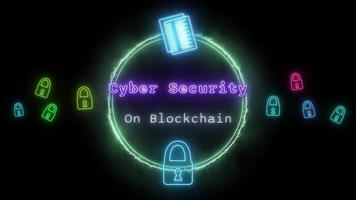 cyber Sécurité sur blockchain néon bleu fluorescent texte animation vert Cadre sur noir Contexte video