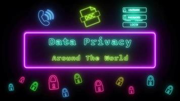 gegevens privacy in de omgeving van de wereld neon blauw Geel fluorescerend tekst animatie roze kader Aan zwart achtergrond video