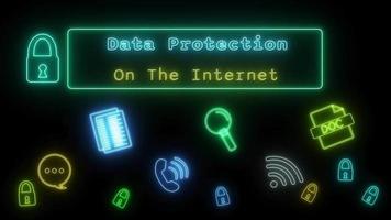 data protection on the internet Neon green-yellow Fluorescent Text Animation blue frame on black background video