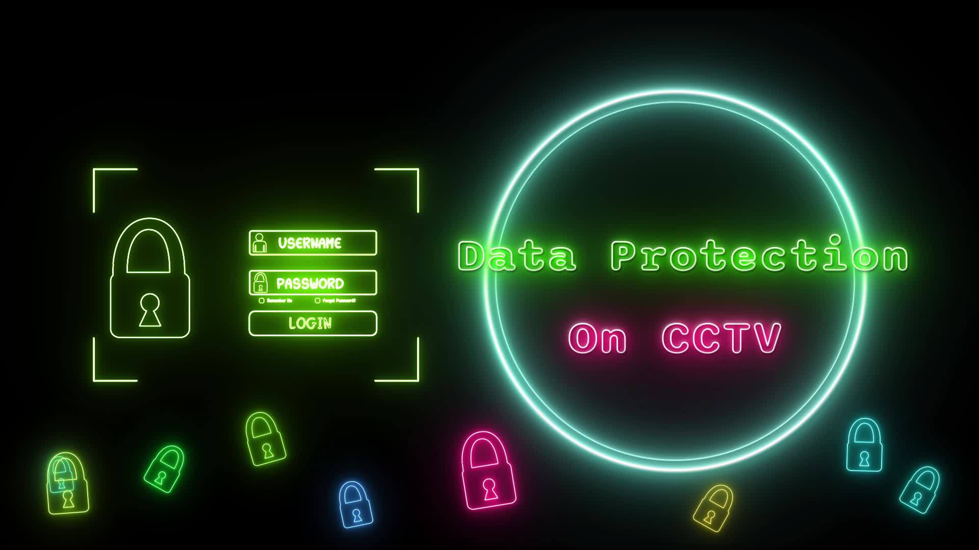 Data Protection On Cctv Neon Green Pink Fluorescent Text Animation Blue Frame On Black 