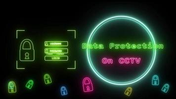 Les données protection sur vidéosurveillance néon vert-rose fluorescent texte animation bleu Cadre sur noir Contexte video
