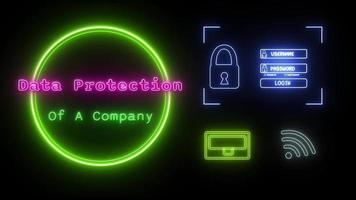 data protection of a company Neon pink-green Fluorescent Text Animation green frame on black background video