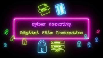 Cyber Sicherheit Digital Datei Schutz Neon- rosa-gelb fluoreszierend Text Animation Rosa Rahmen auf schwarz Hintergrund video