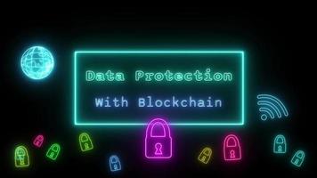 data skydd med blockchain neon grön blå fluorescerande text animering grön ram på svart bakgrund video
