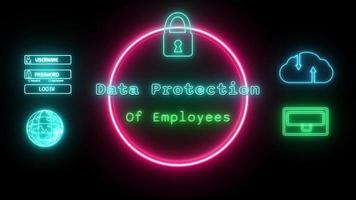 Les données protection de des employés néon bleu vert fluorescent texte animation rose Cadre sur noir Contexte video