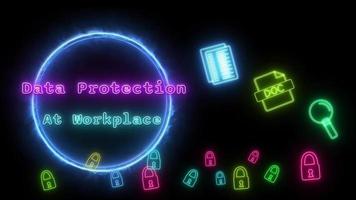 data protection at workplace Neon pink-blue Fluorescent Text Animation blue frame on black background video