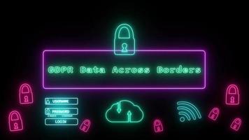 GDPR dati attraverso frontiere neon verde fluorescente testo animazione rosa telaio su nero sfondo video