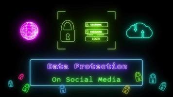 Les données protection sur social médias néon vert bleu fluorescent texte animation bleu Cadre sur noir Contexte video