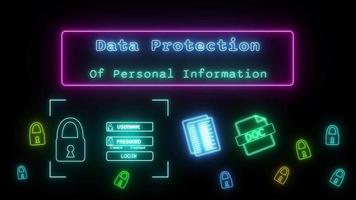 data skydd av personlig information neon blå grön fluorescerande text animering rosa ram på svart bakgrund video