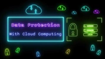 Les données protection avec nuage l'informatique néon rose bleu fluorescent texte animation bleu Cadre sur noir Contexte video