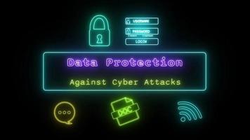 data protection against cyber attacks Neon pink-green Fluorescent Text Animation blue frame on black background video