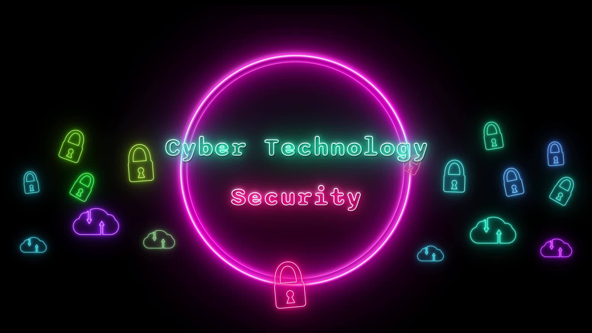 Cyber Technology Security Neon Green Pink Fluorescent Text Animation Blue Frame On Black 