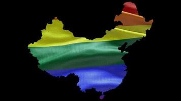 China land vorm gebied schets met lgbt regenboog vlag achtergrond golvend animatie. concept van de situatie met homo huwelijk en tolerantie voor lgbt of lgbtq plus. 4k alpha kanaal video