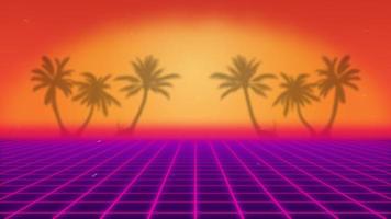 Retro videogame 4K background. Sunset backdrop. Orange and purple retrowave layout with palm tree and copy space