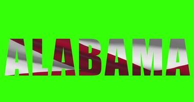 Alabama estado nombre en verde pantalla animación. Estados Unidos estado bandera ondulación video
