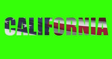 California estado nombre en verde pantalla animación. Estados Unidos estado bandera ondulación video