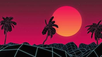 Palm trees and mountains grid surface, background animation, orange red sky. Vaporwave or retrowave design video